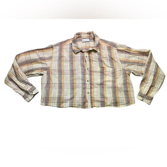 Urban Outfitters Cropped Plaid Long Sleeve Button Down Top - Picture 1 of 5
